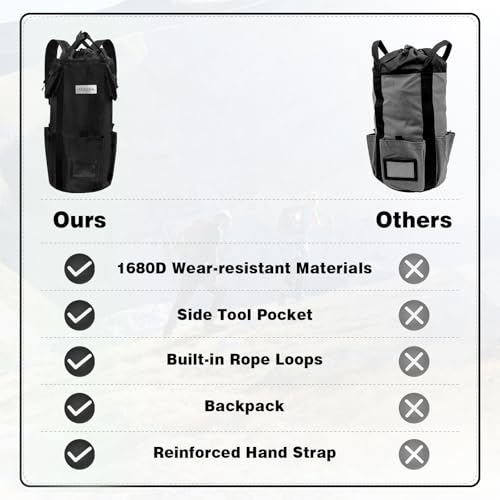 AOLEBA Arborist Rope Storage Bag Tree Climbing Rock Rope Bucket Backpack Rope Storage Bag Large Capacity 1680D Thicken Nylon Material with Hand Straps, Side Pockets - color: Black
