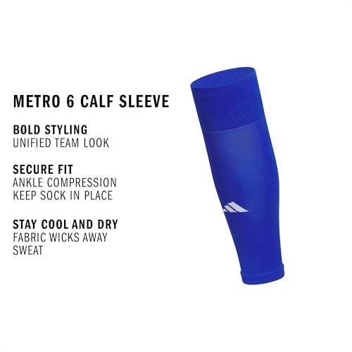 adidas Unisex Metro Soccer Socks or Calf Sleeves (1 Pair) Over-the-Calf | Unisex, 1-Pack, Cushioned Impact Zones, Moisture-Wicking, Calf Compression, Versatile Layering, Game & Practice Ready - color: Team Royal Blue/White/Calf Sleeve, size: Medium, style