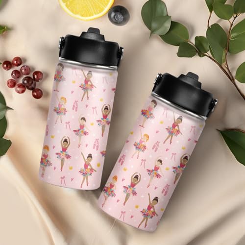 SANDJEST Kids Water Bottle Ballet Water Bottles 12oz with Straw Insulated Stainless Steel Travel School Tumbler Double Wall Vacuum Cup for Girls Kid - color: Ballerina