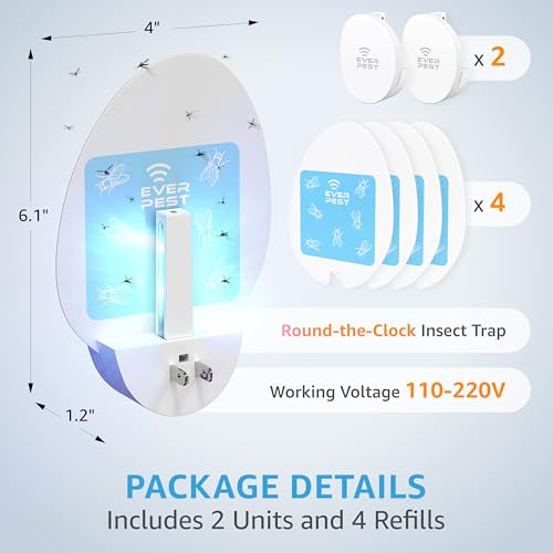 Indoor Electric Fly Trap (2-Pack) – Plug-in Insect Catcher with 4 Glue Cards for Fruit Flies, Gnats, Moths & Mosquitoes – Safe Pest Control for Home Use