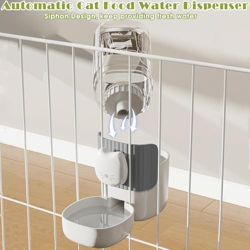 34oz Hanging Automatic Cat Food and Water Dispenser, 1L Auto Gravity Pet Feeder Set, Cage Cat Dog Feeder for Kitten Puppy Bunny Guinea Pig (Gray)