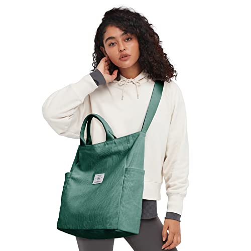 KALIDI Corduroy Tote Bag, Large Slouchy Hobo Messenger Crossbody Bag | Anti Splash Zipper Side Pockets Shoulder Bag Adjustable Strap Lightweight Casual Work Shopping Women - color: Green