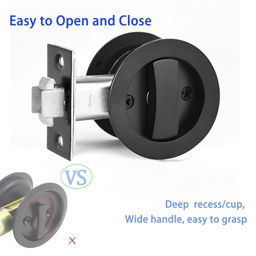 Dontay Pocket Door Keyed Lock, Round Contemporary Entrance Sliding Barn Door Lock Latch, Recessed 2 Sided, 2-3/8 inch Backset, Flush Handles Hardware(Matte Black,2) - color: Matte Black