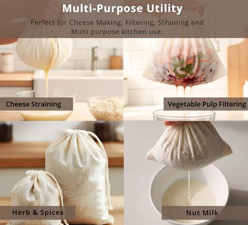 PurpleEssences Ultra-Dense Unbleached Cotton Nut Milk & Filter Bags Reusable Cheesecloth Drawstring Strainers for Cheese Making, Straining, Storage, Sprouting - Set of 4-10X12 Inch - Natural - size: 10 x 12 Inch
