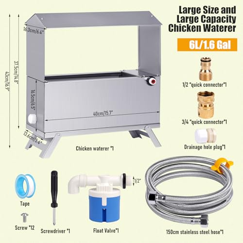 Stainless Steel Automatic Chicken Waterer, Hands-Free Hydration | Float-Controlled Chicken Wate Dispenser, 60 Inch Hose, Legs, Lid, Easy To Clean, Chicken Coop, For Pigeon Duck Goose Turkeys