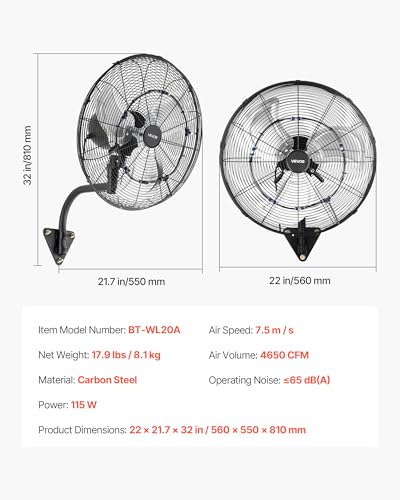 VEVOR Wall Mount Fan, 20 in Wall Mounted Hanging Fan with Oscillating & Mist, Remote, IP44-rated, 3-Speed, 18h Timer, Temperature Control, Powerful for Industry, Commercial, Garage, Workshop, Gym