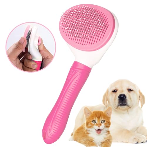 Aogeili Self-Clean Slicker Brush, Deshedding Comb for Dogs Cats Rabbits | One-Click Release Removes Loose Undercoat, Mats & Tangles, for Long & Short Hair Shedding Pets - color: Pink