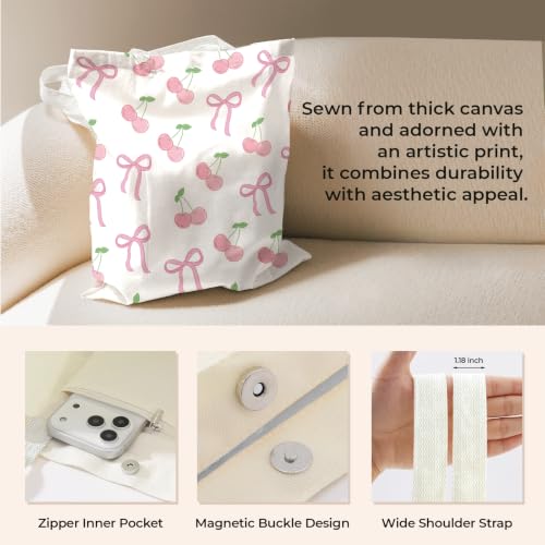 Cute Canvas Tote Bag for Women, Book Totebag with Zipper Pocket - color: Coquette Bow