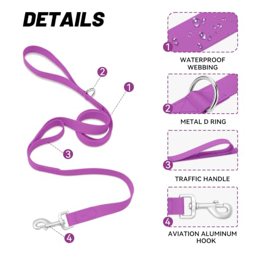 Waterproof Dog Leash with Double Handle, 6 FT Durable Odor-Proof Dog Leashes with Strong Aviation Aluminum Hooks Fits Small Medium or Large Dogs - color: Purple, size: 6FT - Double Handle