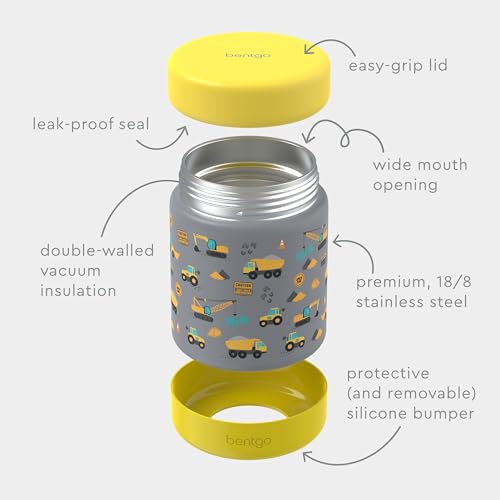 Bentgo Kids Stainless Steel Leak-Proof Food Jar for Hot or Cold Food | 11 fl oz Double Insulated Container with Removable Silicone Bumper, Dishwasher Safe, Easy Open Lid, Ages 3+ (Construction) - color: Construction Trucks