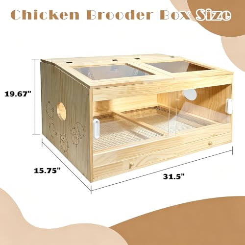 Large Wooden Chicken Brooder Box, Upgraded Drawer Manure Separation, Up to 30 Chicks, All-in-One Brooder with Heating Lamps, Ventilation Fan, Cleaning Tools and Thermometer, 31.5" × 15.7" × 19.6"