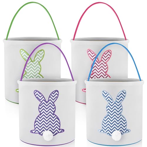 Honeydak 4 Pcs Easter Baskets for Kids Bunny Easter Egg Hunt Bags Canvas Tote Gift Bags Egg Buckets with Handles for Eggs Hunt, Toys, Candy, Gifts Party Favors(Pastel Stripe Bunny) - style: Pastel Stripe Bunny