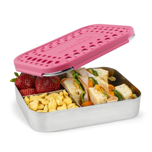 LunchBots Medium Trio Stainless Steel Kids Bento Box 3-Section Pink 32oz - color: Pink Dots, size: 3 Section