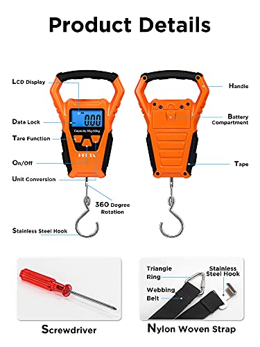 HEETA Waterproof Fish Scale Digital Hanging Fishing Luggage Weight Scale | Up 110lb/50kg Portable Scale with Backlit LCD Display, for Home & Outdoor, Measuring Tape and 2 AAA Batteries Included - color: Orange