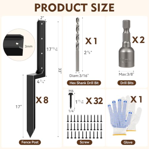 8-Pack Fence Post Saver Kit, 1/8-Inch 11-Gauge Galvanized Steel Ground Anchors, No-Dig Repair Spike for 4x4 & 6x6 Wood Posts, Heavy-Duty H-Shape Stake with Double-Layer Rust Shield