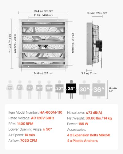 VEVOR 24 Inch Shutter Exhaust Fan Wall Mounted Automatic Louvers Silver, Sturdy Steel Housing, Low Noise, AC Motor, 7030 CFM Ventilation and Cooling for Attic, Garage, Barn, Greenhouse, Workshop | Wall Mounted Attic Fan Automatic Shutter, AC Motor, Heavy-