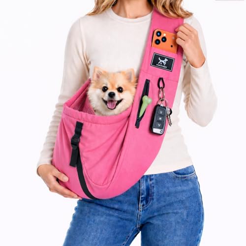 Dog Sling Carrier for Small Dogs & Cats 5-20 lbs, Adjustable Depth | Breathable Air Mesh Puppy Sling, Water-Resistant Travel Bag, Double Safety Leash, Machine Washable, Hands-Free Pouch, Fuchsia - color: Fuchsia