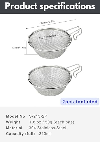 CAMPINGMOON 2 Pack 310ml Camping Colander 304 Stainless Steel Small Food Strainer with Handle Stackable Sierra Cup Mesh Sieve Rice Noodles Backpacking Outdoor Cookware S-213-2P