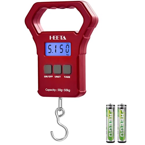 HEETA Fish Scale 110lb/50kg Digital Hanging Fishing Luggage Weight Scale | Portable with Backlit LCD Display, Hook & Non-Slip Large ABS Handle, Fishing Gifts Gear for Men, 2 AAA Batteries Included - color: Red