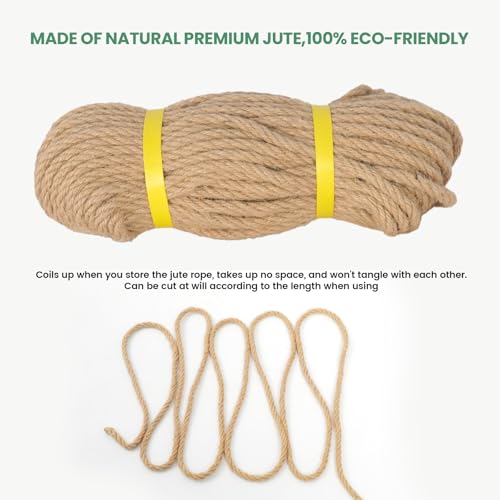 Natural Jute Rope, Heavy Duty Thick Rope, 1/4 in x 100 ft | For indoor and outdoor crafts, nautical rope decor, railings, hammocks, swings, gardening and tug of war - size: 1/4 in x 100 ft