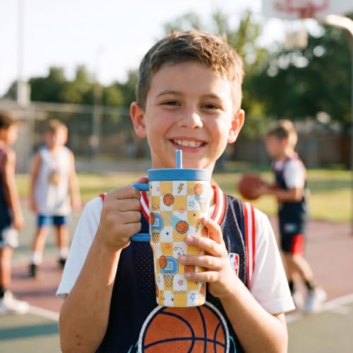 SANDJEST Basketball Stainless Steel Tumbler 20oz with Handle and Silicone Straw Locking Lid for Kids Boys Girls, Birthday Christmas Back to School - color: Basketball