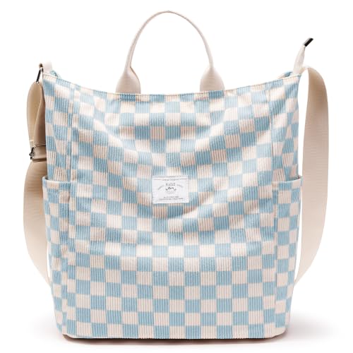 KALIDI Corduroy Tote Bag, Large Slouchy Hobo Messenger Crossbody Bag | Anti Splash Zipper Side Pockets Shoulder Bag Adjustable Strap Lightweight Casual Work Shopping Women - color: Blue Checkered