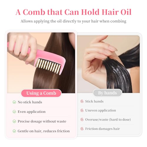Hair Oil Applicator Comb, Hands-Clean Oiling Brush for Quick Even Application, Wide Teeth Oil Distribution Comb with 5ml Container/Scale Handle for Women/Girls Thin/Straight Hair Daily Care (Pink)