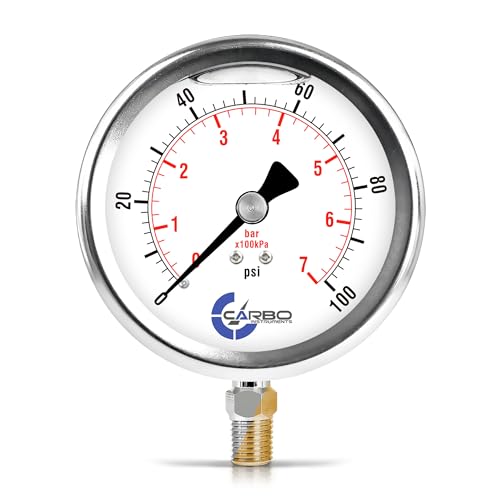 100 PSI Glycerin Liquid Filled Pressure Gauge, 4" Dial, 1/4 NPT Lower Mount, 304 Stainless Steel Case, Brass Wetted Parts, Dual Scale PSI/Bar - ASME B40.1 Grade A - size: 0-100 Psi, style: STANDARD