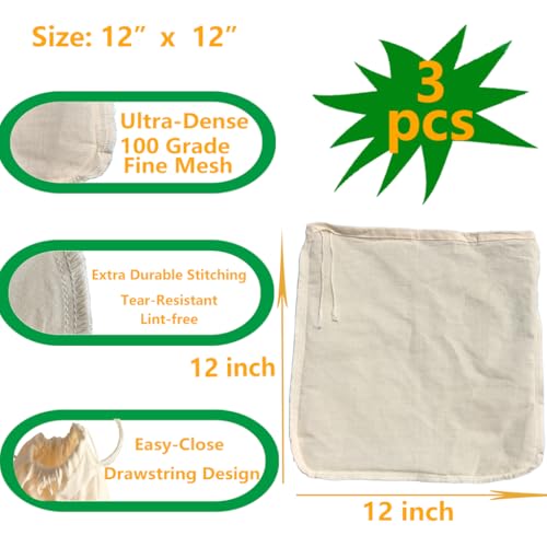 Nut Milk Bag,Cheese Cloths Bag for Straining,Unbleached Cotton Reusable Ultra-dense Cheesecloth Strainer Bag for Juicing Almond Oat Soy Milk Yogurt Butter Wine Cooking Jelly Turkey(3 pc,12"x 12")