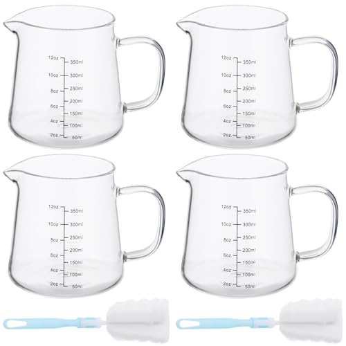 4-Pack 12oz Espresso Measuring Cups with 2 Cleaning Sponges, Heat-Resistant Glass Coffee Pitcher, Espresso Shot Glasses, Milk Frothing Pitcher, Creamer Container, Microwave/Dishwasher/Stovetop Safe