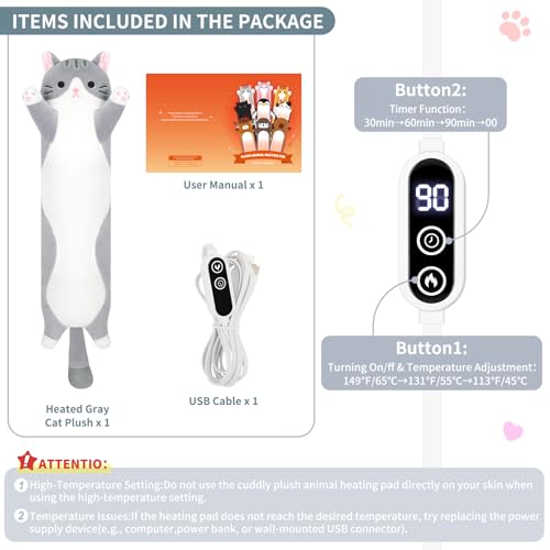 Gray Cat Plush USB Heating Pad for Girl Period Cramps Menstrual | 22” Cat Heated Plush Stuffed Animals, Portable Indoor Outdoor Use, Electric Kitten Plush Heating Pad for Women Teen Mom Gifts - color: Gray Cat Heating Pads