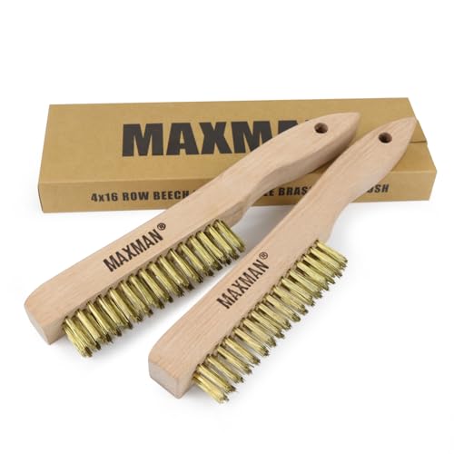 MAXMAN Brass Brush 2Pcs, 10" Heavy Duty Brass Wire Brush, Rust/Weld Remover | Heavy Duty Brass Bristles, Metal Brush, Curved Beechwood Handle, Wire Brushes for Cleaning Rust, Compact & Sturdy - style: 2Pcs Brass Brushes