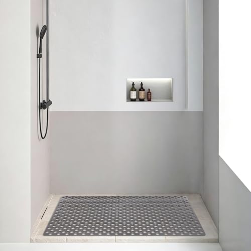 Square Shower Mat Non Slip, 27" x 27" Large Shower Mats for Inside Shower, Soft TPE Shower Floor Mat with Suction Cups and Big Drain Holes, Anti Slip Shower Stall Matt, Grey - color: Grey