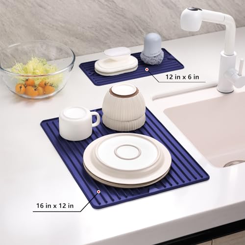 Silicone Dish Drying Mat, Large & Thick, 16" x 18", Blue | For Kitchen Counter and Bathroom, Super Thick, Heat-Resistant Trivet, Countertop Protector, Non-Toxic, For Dishes and Pots - size: 16" x 18"