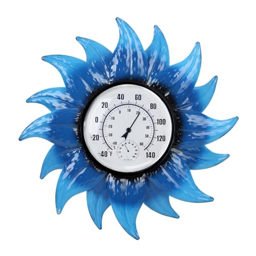 Outdoor Thermometer, Large Thermometer Outdoor Waterproof, Flowers Decorative Outdoor Thermometers for Patio, Outside Thermometer with Humidity - color: Blue