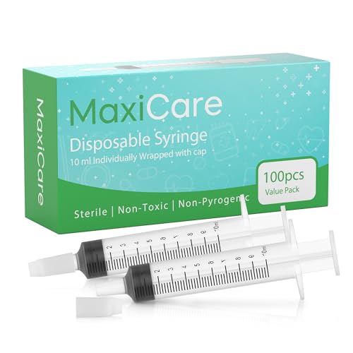 MaxiCare Oral Syringes with Cap 10ml – Disposable Liquid Dispenser Without Needle | Individually Wrapped Luer Slip Tip Dropper for Babies, Toddlers, Adults, and Pets (100 Pack) - size: 10 ml