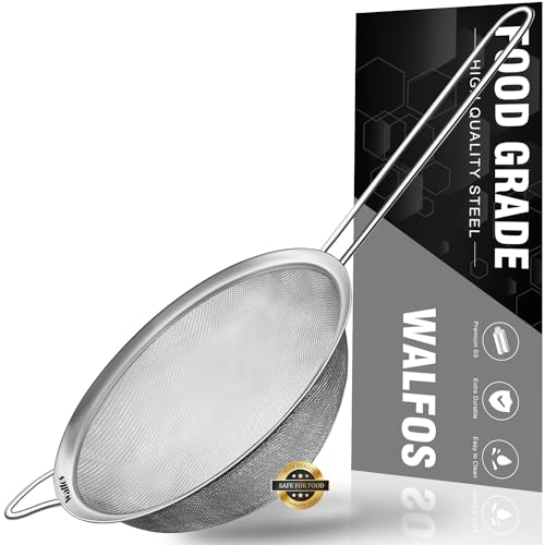 Walfos 7.8 Inch Fine Mesh Strainer, Premium Stainless Steel Colanders and Sifters, with Reinforced Frame and Sturdy Handle, Perfect for Sift, Strain, Drain and Rinse Vegetables, Pastas and Tea - style: 7.8" Large Strainer