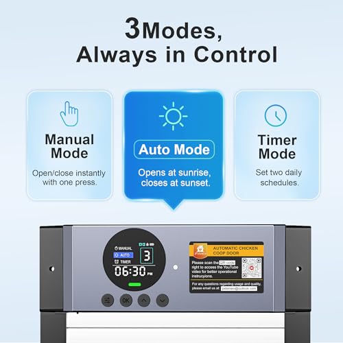 Automatic Chicken Coop Door – Solar Powered Auto Chicken Door with Light Sensor, Timer & Manual Control, 2500 mAh Battery +USB-C Backup, Aluminum,Waterproof, Anti-Pinch Safety, Fits Most Poultry Coops