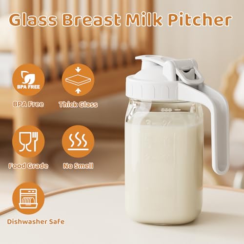 32 oz Breast Milk Pitcher, Glass Mason Jar Pitcher with Lid | Airtight, Leak Proof, Wide Mouth, Pour Spout Lid, Thick Glass, Fridge Safe, Ergonomic Handle, Easy to Clean - color: White, size: 32 Ounces