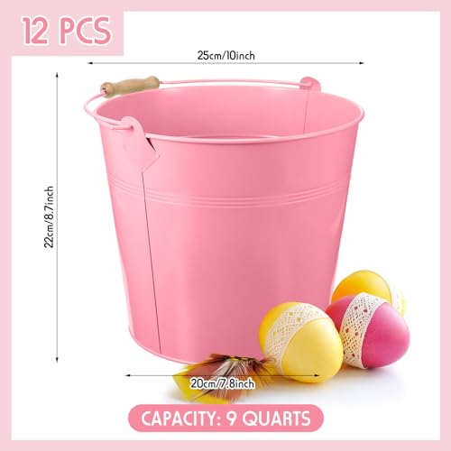Didaey 12 Pcs 9 Quart Large Galvanized Metal Buckets with Handle Inch Heavy Duty Stainless Steel Pails Round Pail for Party Wedding, Crafts, Utensils, Table Centerpieces (Pink) - color: Pink