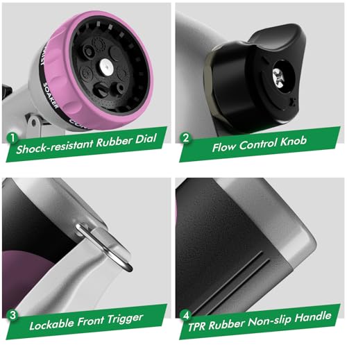 RESTMO Garden Hose Nozzle, Heavy Duty Metal Water Hose Nozzle with 7 Adjustable Spray Patterns, High Pressure Hand Sprayer with Flow Control, Best for Watering Plant & Lawn, Washing Car & Pet, Pink - color: Pink