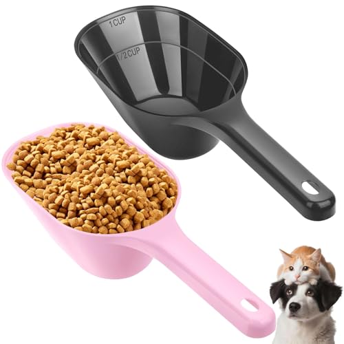 2 PACK Dog Food Scoop,1 Cup Capacity Pet Food Scoop For Dog and Cat | Black and Pink,Clear Markings for Precise Measuring 1/2 and 1 Cup Lines,Dishwasher Safe,Plastic,Portable and Sturdy - color: Black and Pink