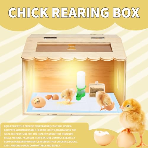 Wooden Chicken Brooder Box Kit with Heating Lamp, Thermometer, Food & Water Feeders, 15.7x11.8x11.8 Inch, Complete Small Pet Nursery Set with Ventilation, Digital Temperature Control
