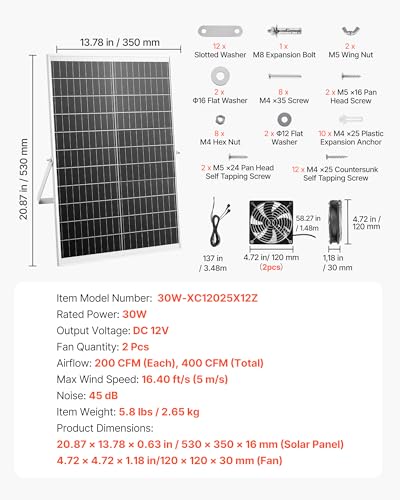 VEVOR Solar Powered Fan, 30W Solar Panel with 2 Fans, Adjustable Solar Panel Angle, 2668 RPM High-Speed, Flexible Installation, Fast Air Exchange for Greenhouse, Grow Tents, Chicken Coops, Shelters - size: 4.7" Fan×2 -30W