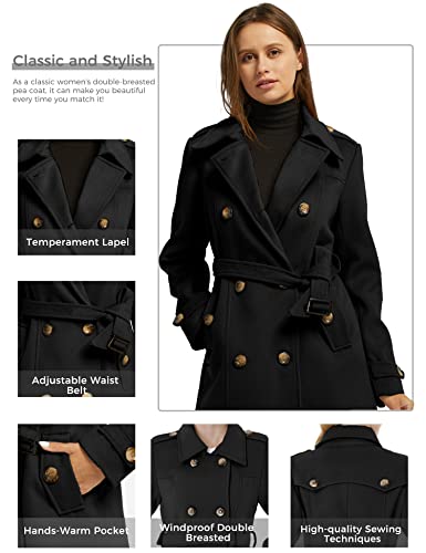 wantdo Women's Double Breasted Pea Coat Winter Mid-Long Trench Coat | Lapel Collar Jacket,Outwear,Windproof Dress Coat,for Fall Spring,Casual Daily Wear,Adjustable Belt - color: Black, size: 3X-Large