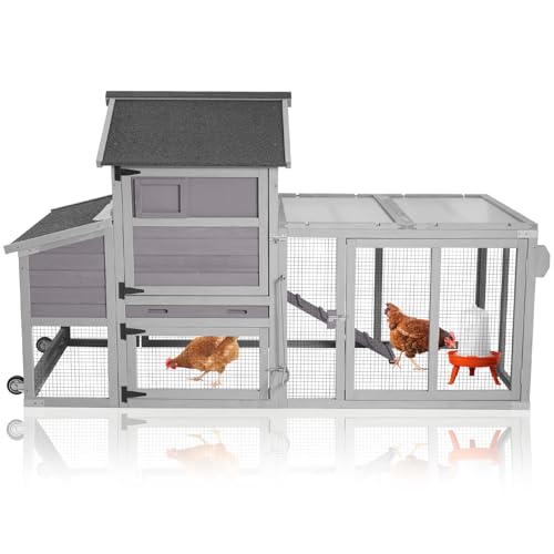 Aivituvin Expandable Mobile Chicken Coop with Wheels for 4–6 Chickens, Reinforced Nesting Box, Full-Cover UV Roof, Weatherproof Outdoor Hen & Duck House with Metal Tray, 77" L x 33.3" W x 46.5" H - color: Grey, size: 77.0"L x 33.3"W x 46.5"H