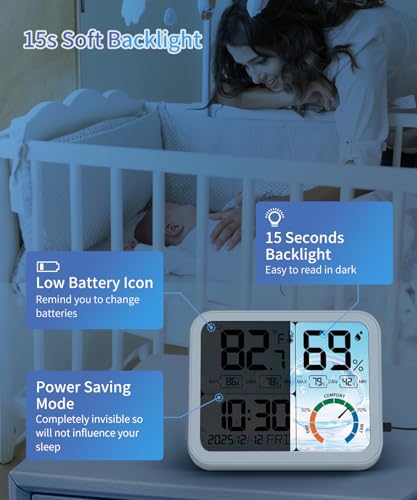 5.8'' Digital Indoor Thermometer Hygrometer, Temp Humidity Monitor & Clock | USB-C & Battery Powered, Large Backlit Display, Calibratable Readings, Max & Min Records, Comfort Level, Date & Time Display - color: White
