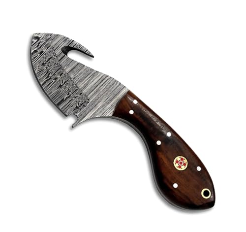 Hercules Custom Hand Forged Damascus Gut Hook Knife with Leather Sheath, Skinning Knife, Fixed Blade Hunting, Camping, Bushcraft, Survival, Outdoor Knives, Walnut Handle (FBK-05) - color: FBK-E