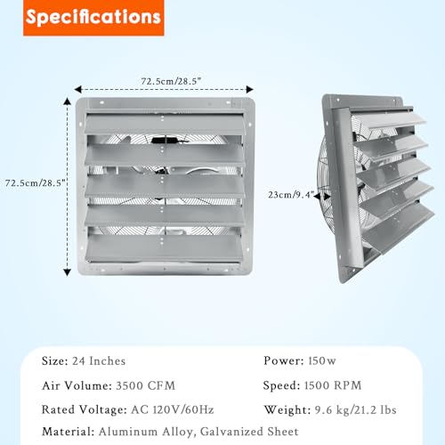 24" Wall Mounted Shutter Exhaust Fan, 3500 CFM High-Speed Ventilation, 1500 RPM Low-Noise, Aluminum Blades & Automatic Shutter for Attic, Garage, Greenhouse, Workshop & Louvered Vent Applications
