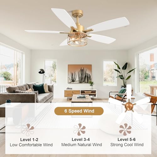 52 Inch White and Gold Ceiling Fan with Lights Modern Fandelier | Industrial Caged Fandalier, Farmhouse Rustic Chandelier Light for Living Room Bedroom, Reversible 6 Speeds, Remote Control - color: Gold, size: 52 Inch